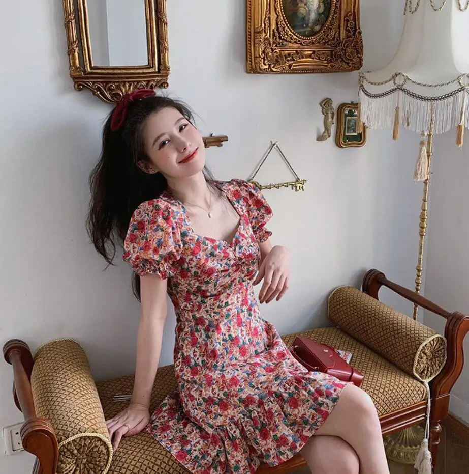 

Sweet Women Sexy Print Flower Dress Fashion Puff Sleeve High Waist Mini Dress Summer Elegant Female Sexy Low Cut Korean Dresses