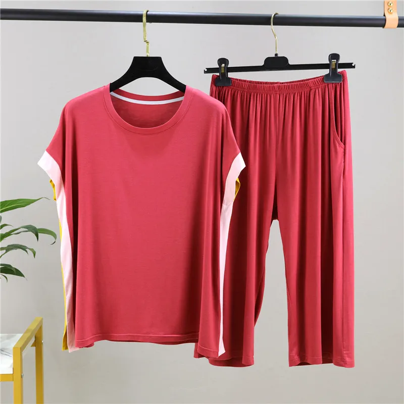 Casual Short Sleeve Cropped Pant Suit Summer Loose Home Clothes For Women Nightwear Pajamas Set Matching Color Sleepwear Pijamas