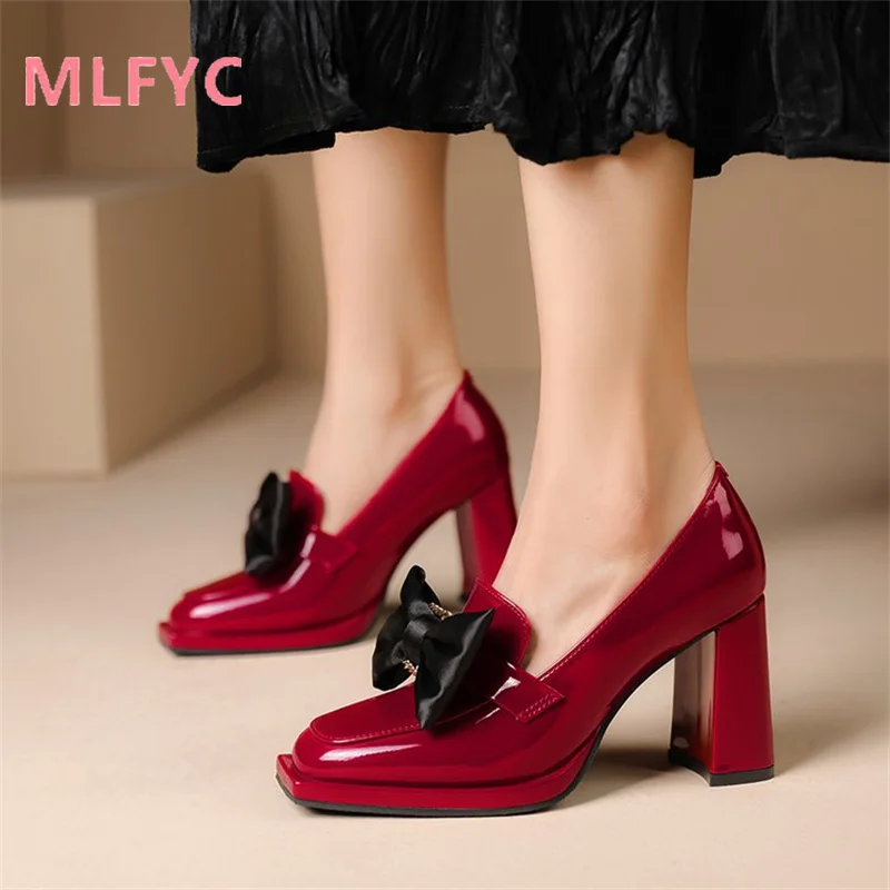 Single Shoe Women's 2022 Autumn New Square Head Lacquer Leather Women's Thick Heel Bow Waterproof Platform Cover Shoes