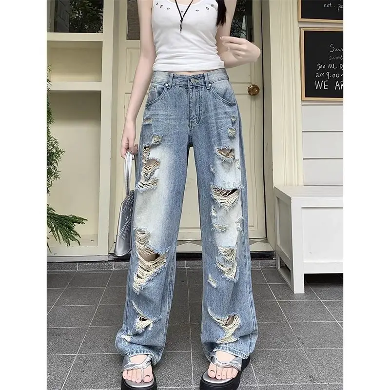 2024 New Women's Summer Retro Color Block Design with High Waist and Slim Slim Floor Tear Out Jeans