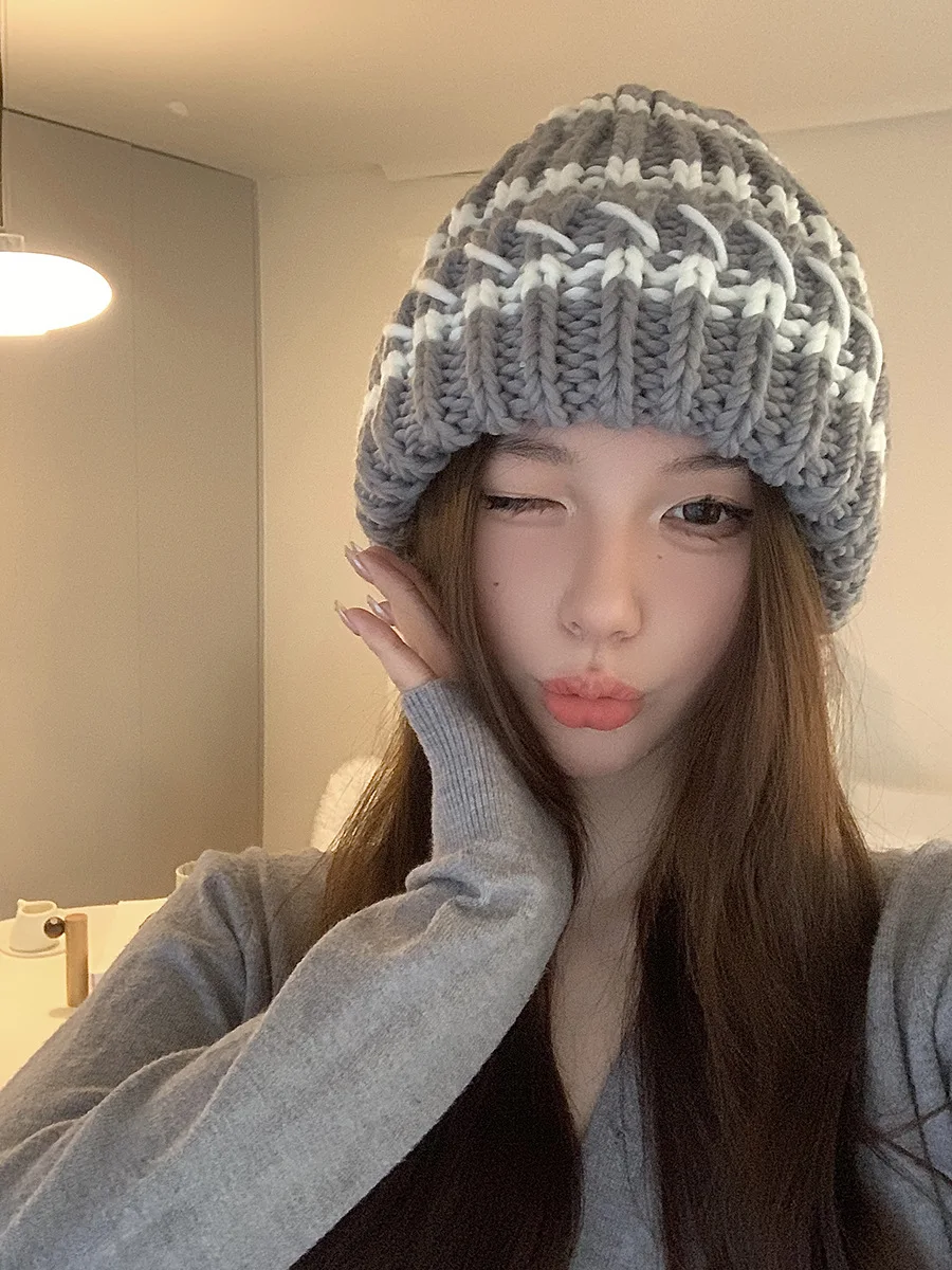 Gebreide beanie muts dames gestreept dik winter warm retro stijl_voghion.com