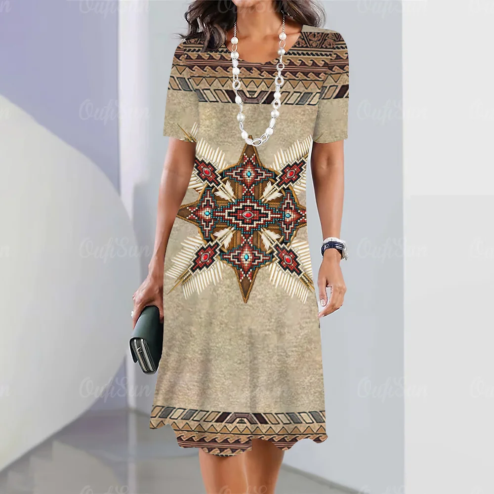 

New Vintage Women's Dresses Ethnic Style Printed Elegant Casual Short Sleeve Dress 2023 Fashion Oversized Women's Dresses Y2k