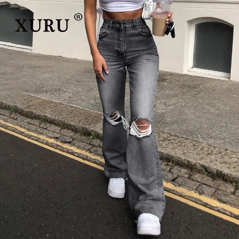 XURU - European and American New Distressed Casual Jeans Women's Wear, Sexy Mid Rise Flare Pants Long Jeans K7-6338