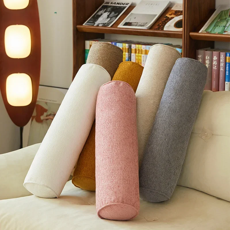 Long Pillow for Beds Cylinder Support Waist Leg Cushion Simple Solid Color Chenille Lounger Backrest Pad Home Office Decor