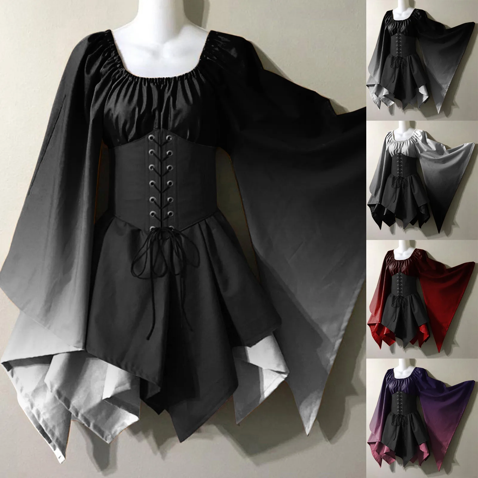 

Medieval Costume For Womens Trumpet Sleeve Irish Shirt Dress With Corset Traditional Dress Halloween Women M Cosplay Costumes