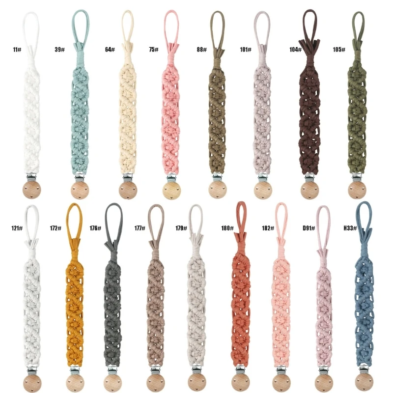 

Q0KB Vintage Crochet Baby Anti-drop Soother Pacifier Chain Nipple Holder Clips Woven Cotton Beech Wood Pacifier Clip