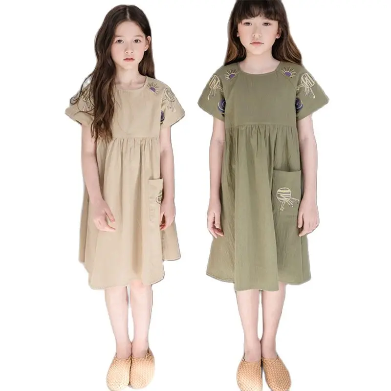 

2023 Summer Kids Teen Girls Cotton Dresses Embroidered Formal Princess Children Beach Holiday Dress 9 10 11 12 13 14 15 16 Years