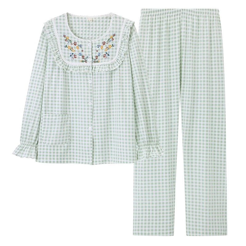 

Round neck cardigan lace modal pajama sets for women autumn winter plaid pajamas print pyjamas female homewear pijamas de mujer
