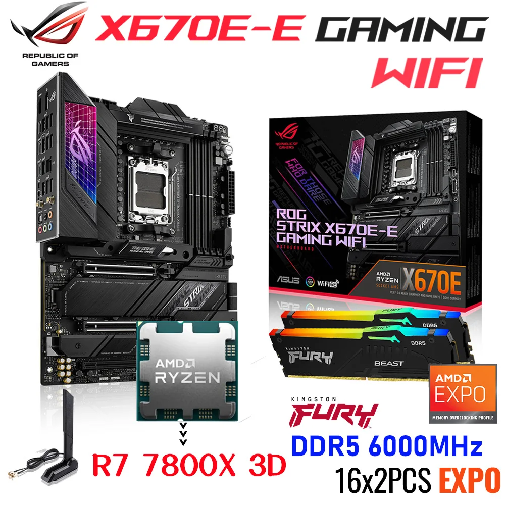 

ASUS Motherboard ROG STRIX X670E-E GAMING WIFI Socket AM5+AMD Ryzen 7 7800X 3D CPU Combo+Kingston RAM DDR5 6000MHz 32GB RGB Suit