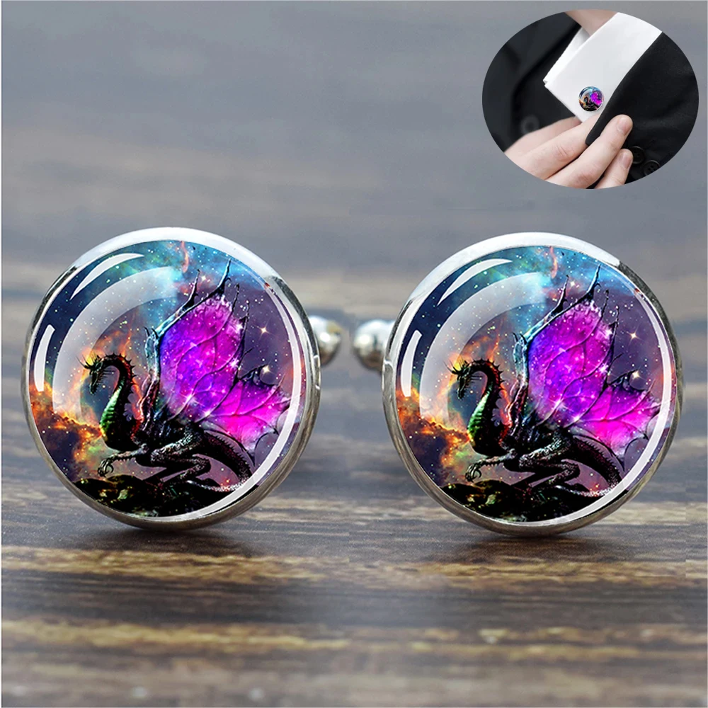 Gemelli Drago Cielo Stellato Per Uomo Luxury Fantasy Wing Flying Dragon Glass Dome Shirt Gemelli 1 Paio Di Gioielli Per Uomo Regalo