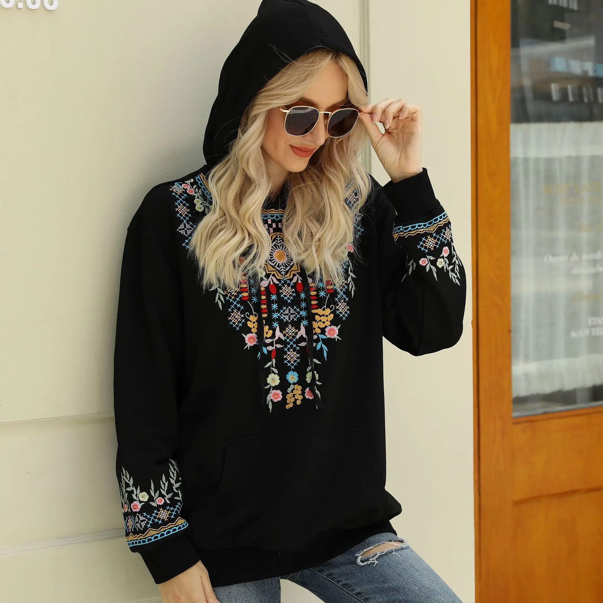 

AYUALIN Vintage Bohemia Jumper Tops Long Sleeve Boho Sweatshirts Cotton Ethnic Floral Embroidery Knit Black Hoodies Women 2023