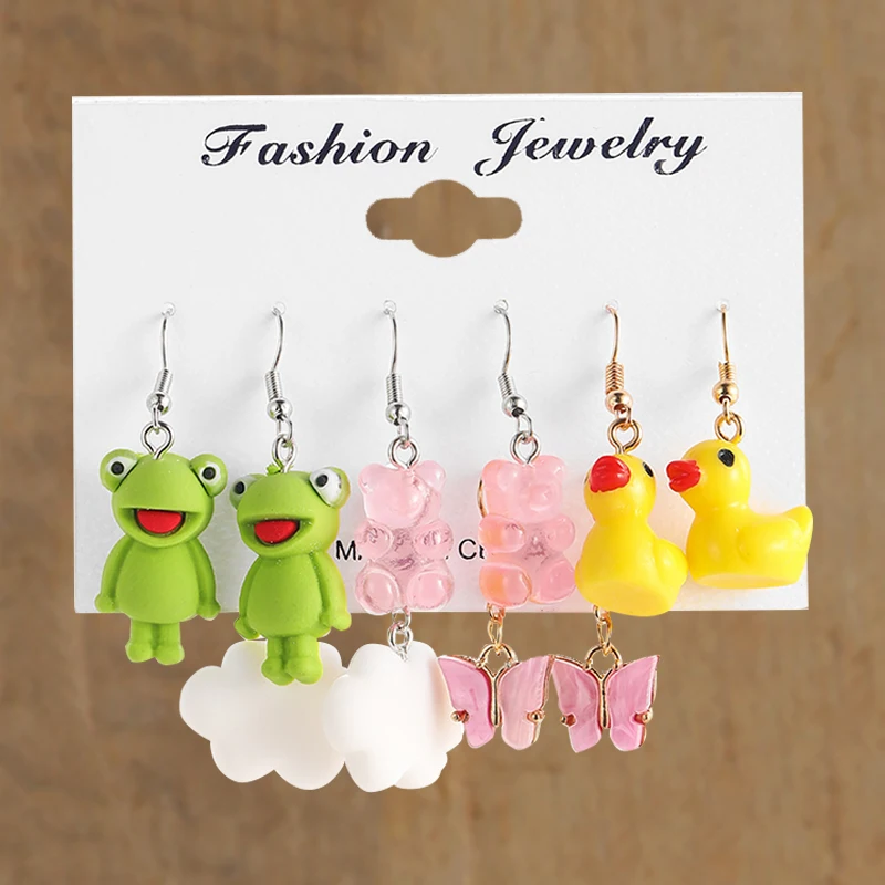 2023 New Cartoon Green Mushroom Dangle Earrings for Women Butterfly Frog Duck Cute Earrings Set Geometric Trendy Jewelry Gifts