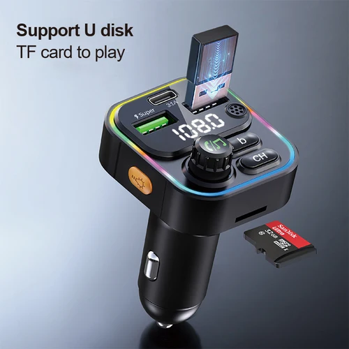 FM 송신기 블루투스 5.0 자동차 핸즈프리 오디오 Mp3 플레이어 어댑터 USB 22.5W 빠른 충전 유형-C 빠른 충전기 FM 변조기, FM 송신기 최대 3,1a 5