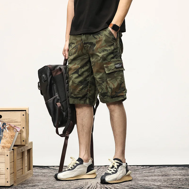 Camouflage Cargo Shorts Men Summer Cotton Tactical Shorts with Pockets Outdoor Hiking Military Short Pants Army Green