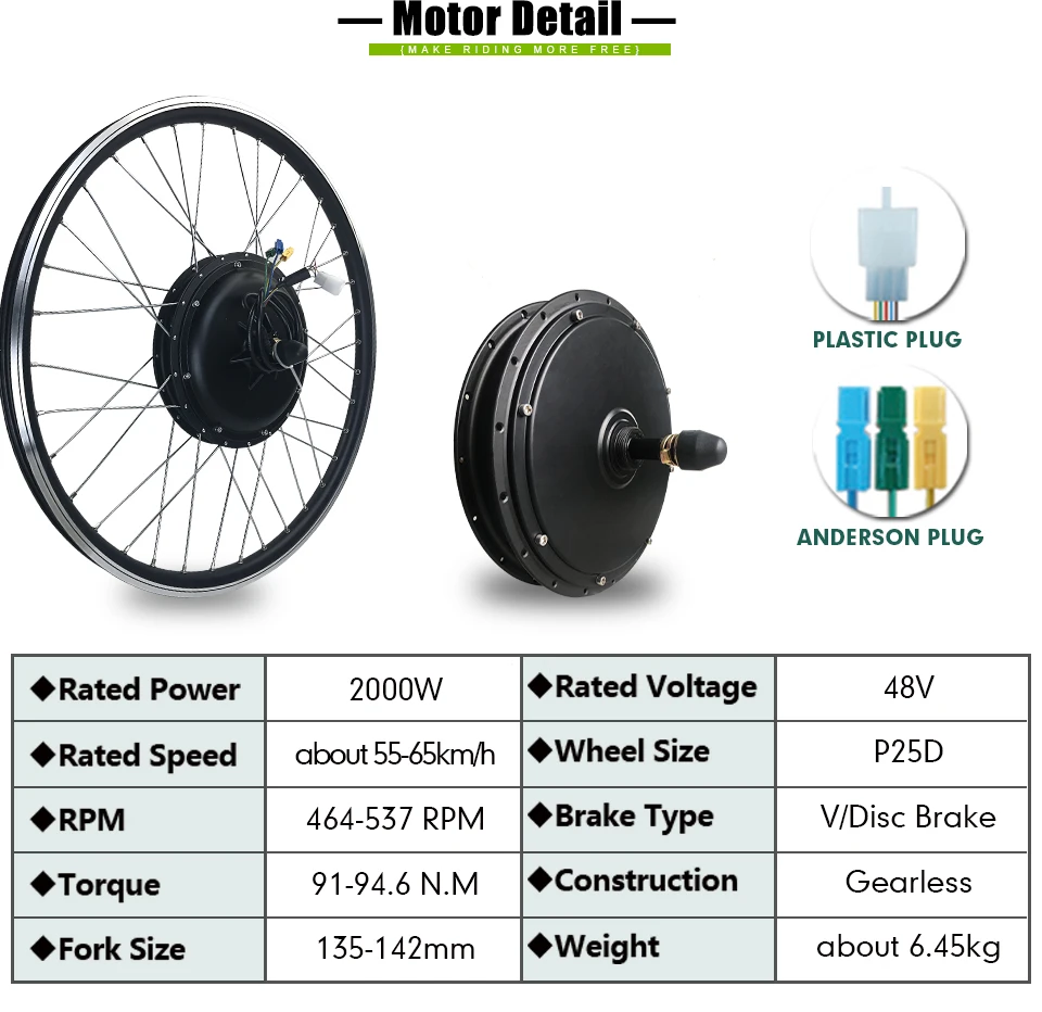 48V 2000W E-bike Rear Rotate Gearless Motor Conversion Kit 20-29
