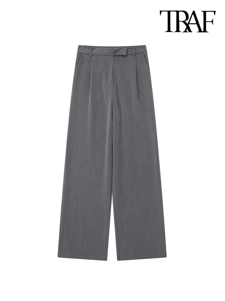 TRAF Women Fashion With Darts Front Pockets Wide Leg Pants Vintage High Waist Zipper Fly Female Trousers Mujer - Image 2