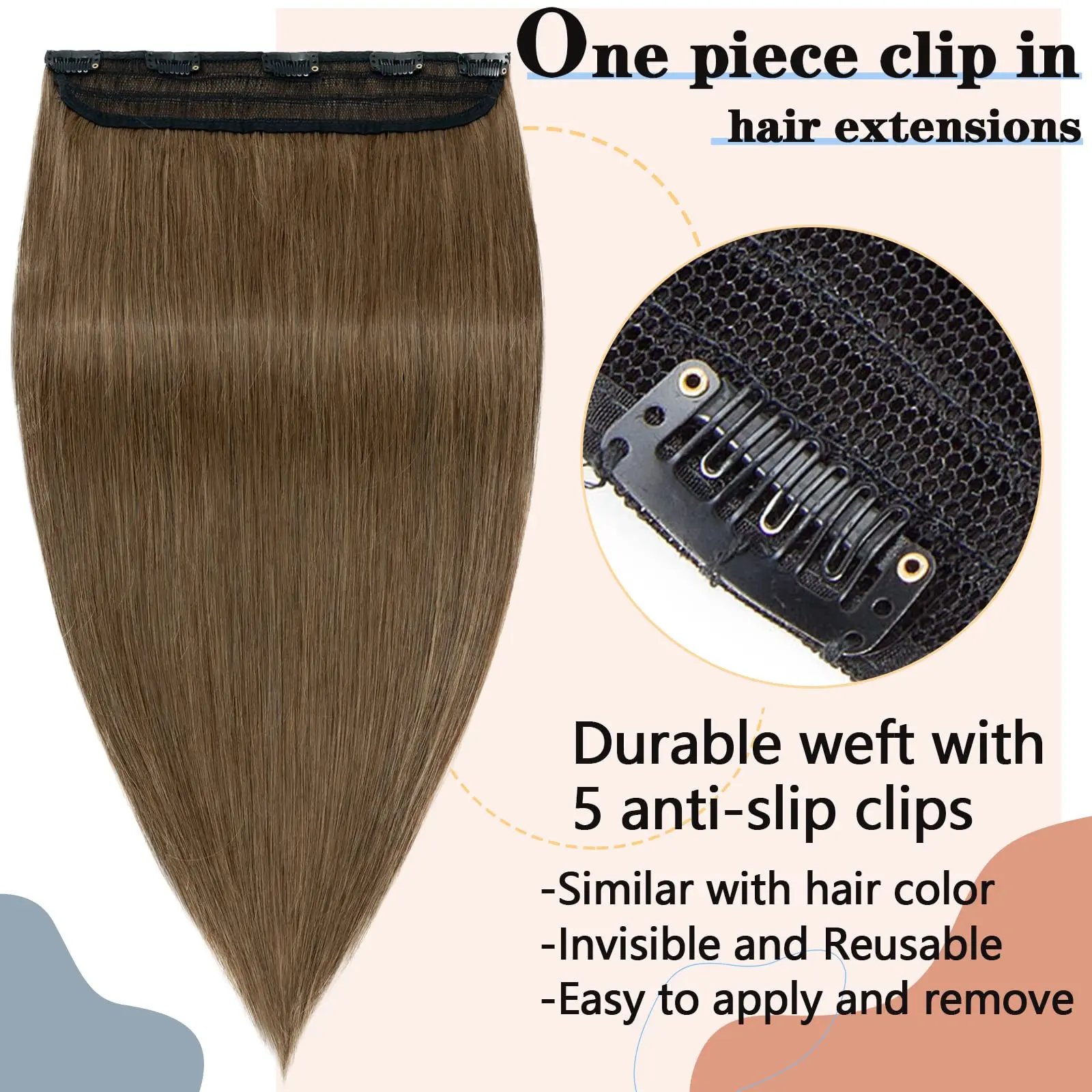 Clip in Hair Extensons One Piece/5 Clips 3/4 Full Head-Thicker Hair Clip Standard Weft Straight Soft #06 Light Brown Human