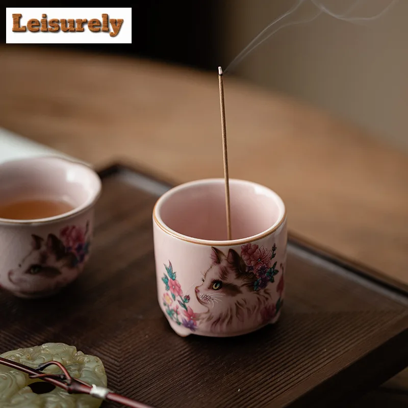 Pink Ru Kiln Flower Cat Three Legged Incense Holder Luxury Censer Scented Aromatic Candles Tea Items Equipment Ornaments Craft