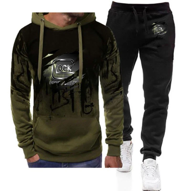 Glock Perfection Shooting Print Men's Tracksuits Gradient Color Hoodies Sweatshirts Pullover Tops+Pants Jackets Sportwears Suits