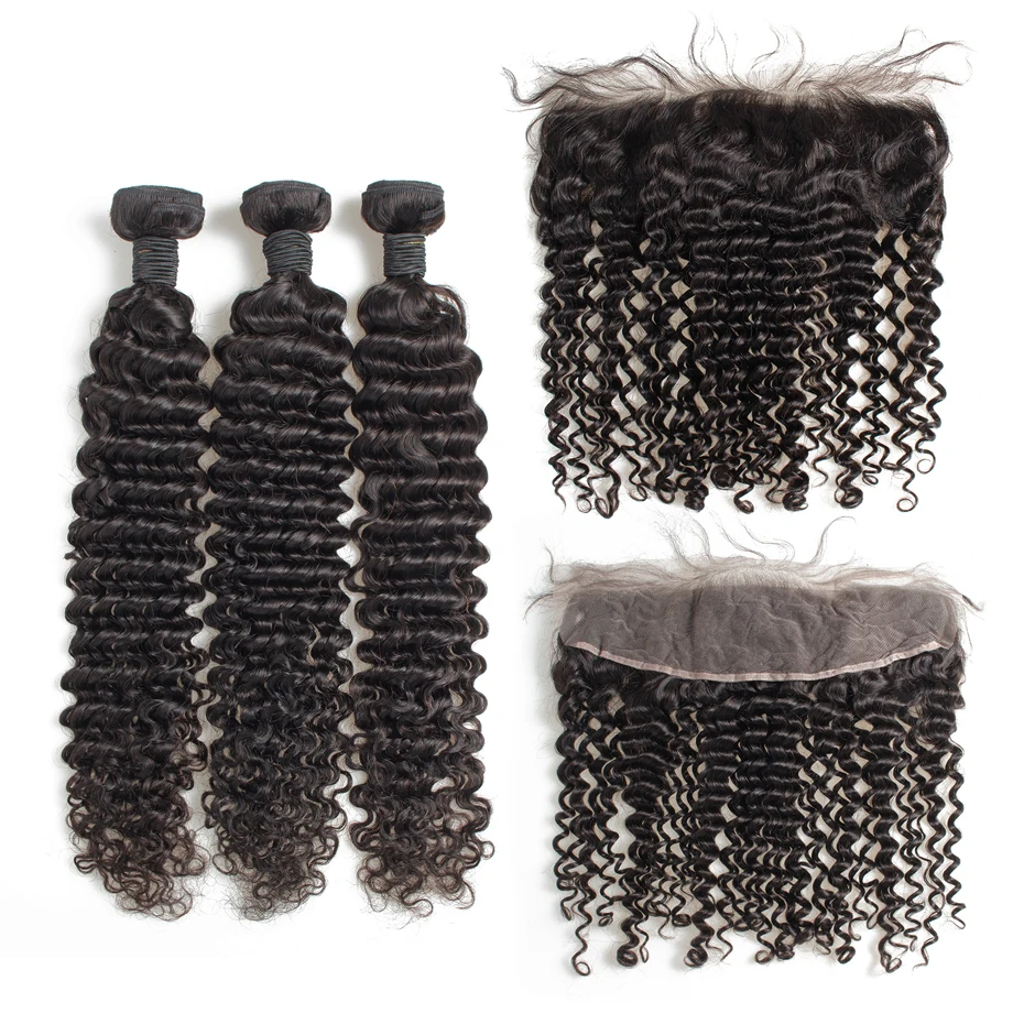 

30 Inch Deep Wave Bundles With Frontal Water Wet Curly Brazilian Hair Weave Virgin 3 4 Bundles 13x4 Hd Transparent Lace Closure