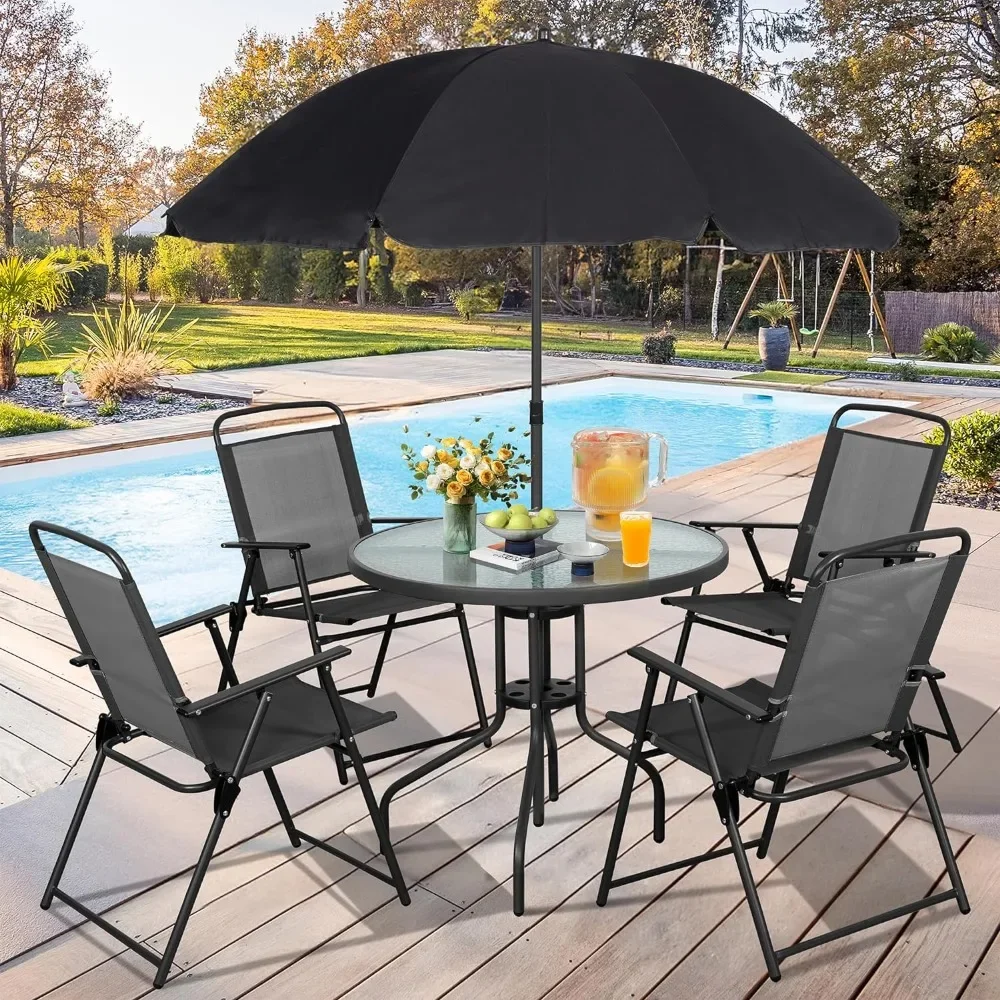 

6 Piece Folding Patio Dining Set,Small Metal Outdoor Garden Patio Table and Chair Set w/Umbrella
