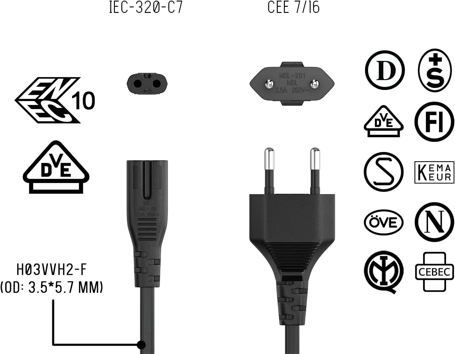 Universal AC Power Extension Cable with EU 2-Slot Plug - Available in 1m, 1.5m, & 1.8m Lengths
