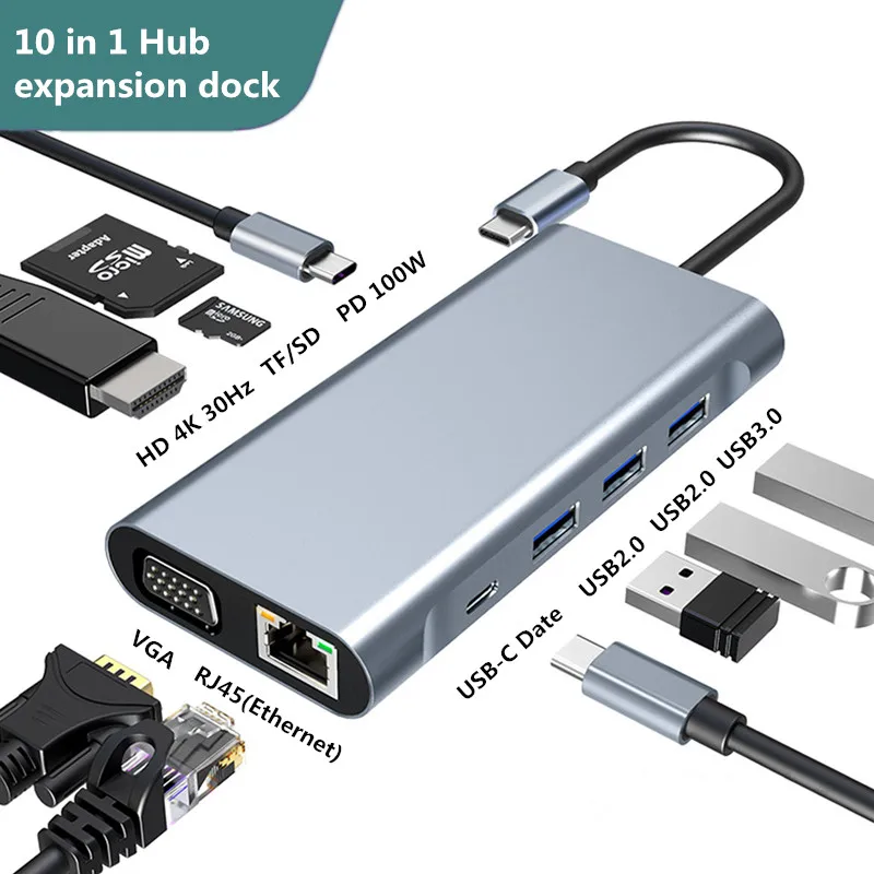 

10 in 1 Type-C Hub USB C Docking Station PD / SD / TF / HDMI / VGA / RJ45 / USB-C Date / USB2.0/USB3.0 Laptop Splitter Converter