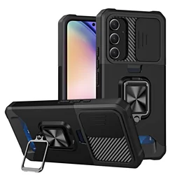 Sleek Armor Case with Slide Lens Protector and Card Holder Slot for Samsung A56 5G (QWCK-Black)