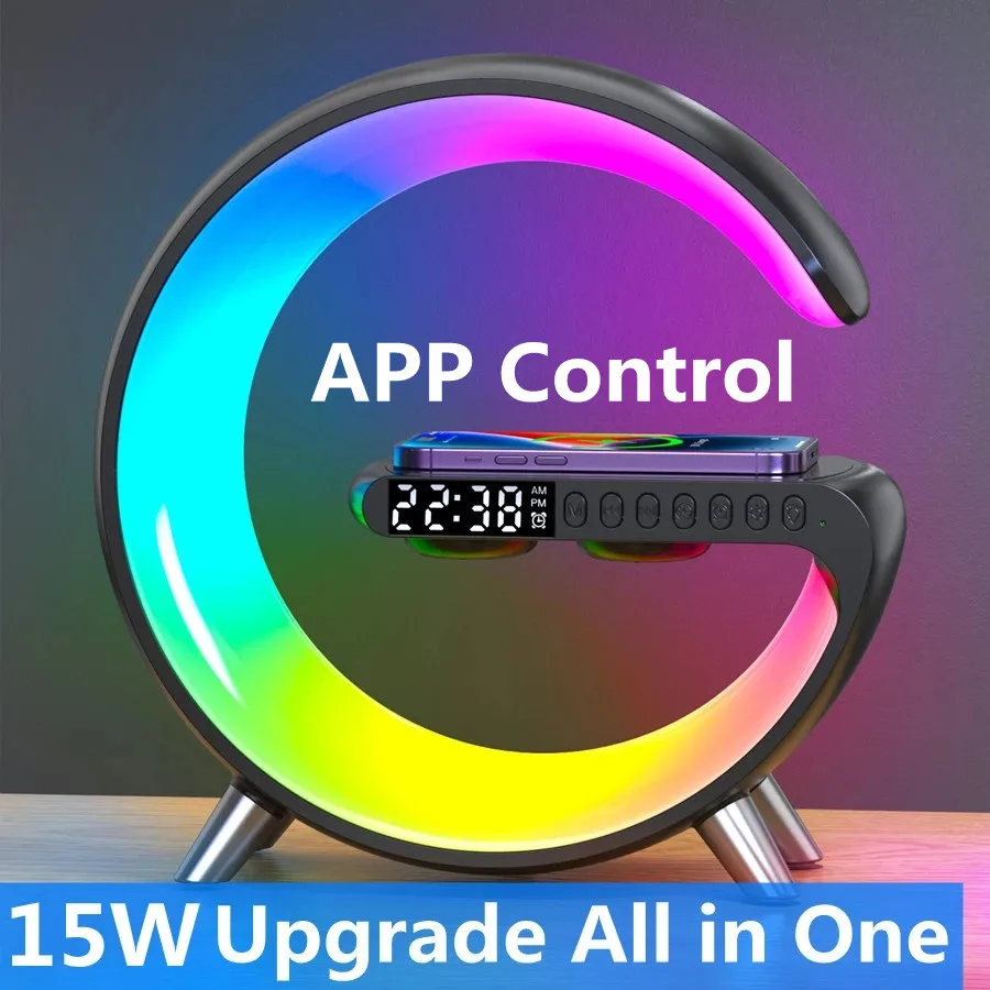 Multifunctional wireless charger alarm clock speaker app control rgb