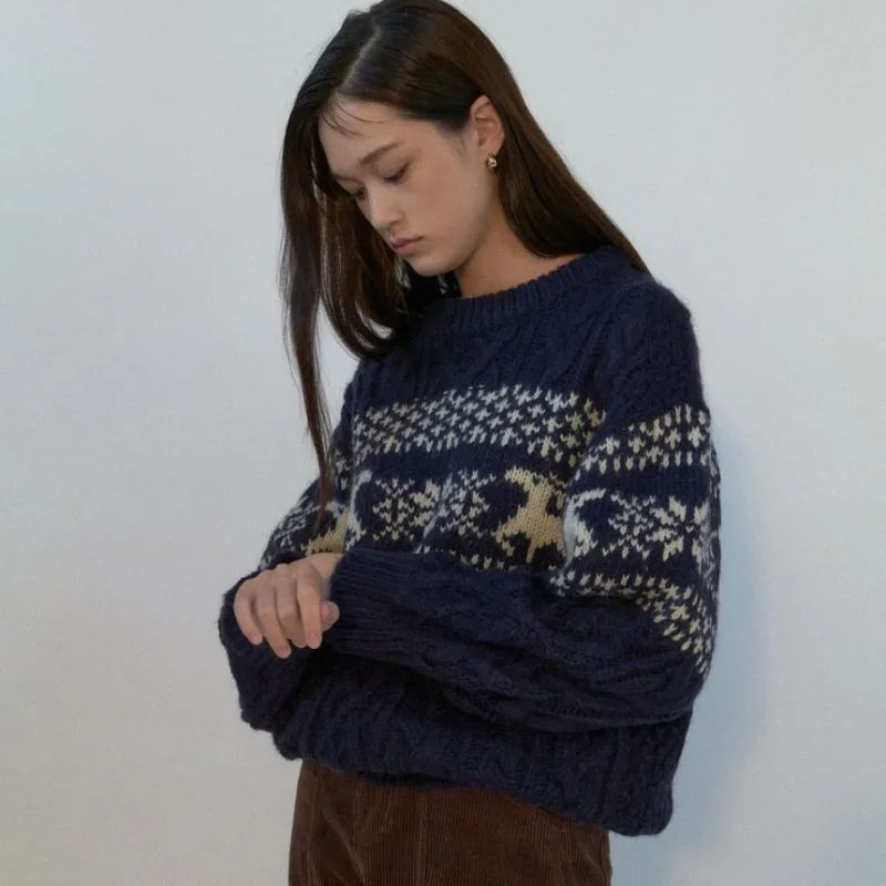 thumbnail image 1 of Suéter de alce encantador Komiyama para mujer, jersey de punto jacquard navideño de colores llamativos, tops Y2k de manga larga, jerseys de primavera e invierno, ropa nueva, 1 of 5