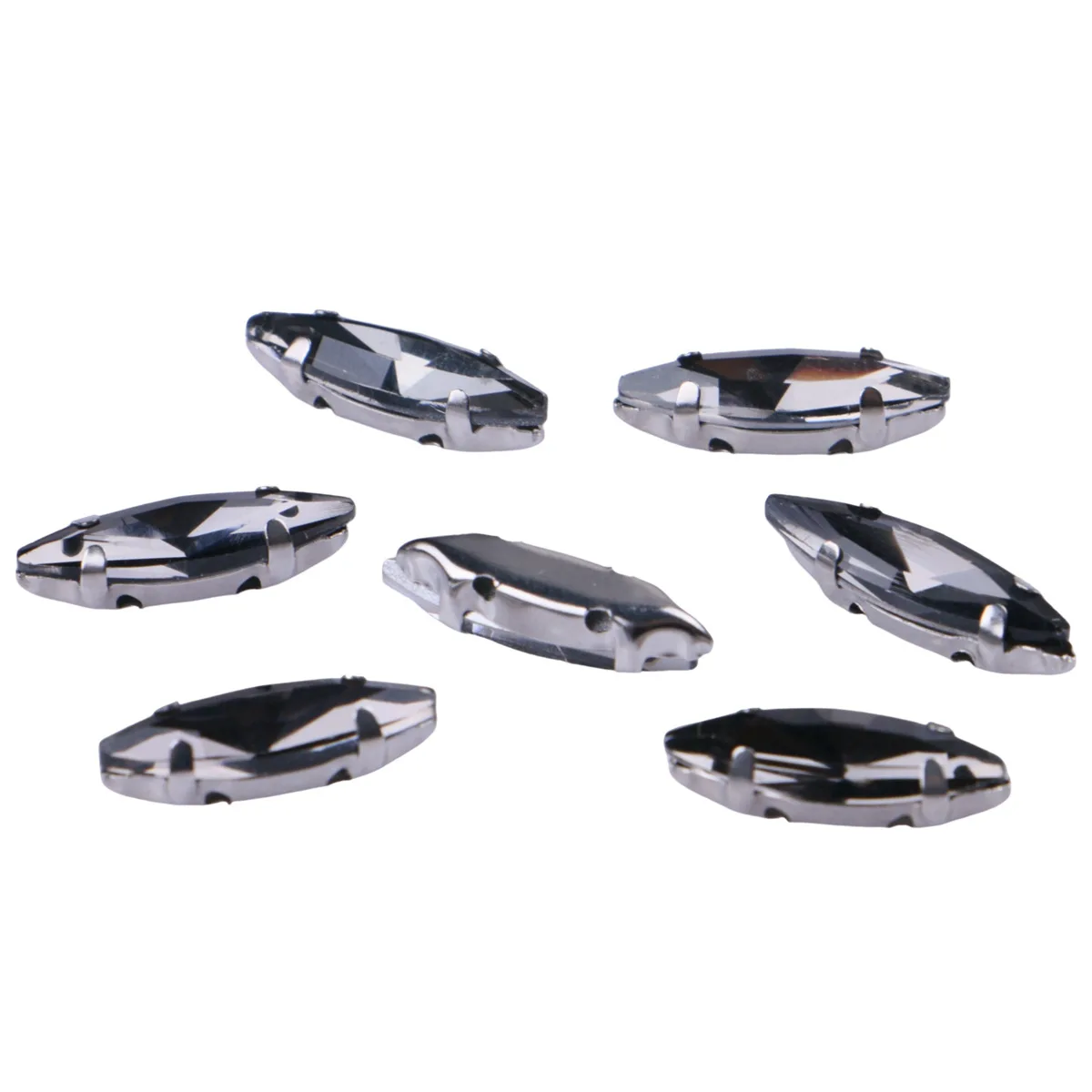 Pack of 20 Glass Sew-On Rhinestones with Claw Setting - Horse Eye Shape on Silver Metal Base