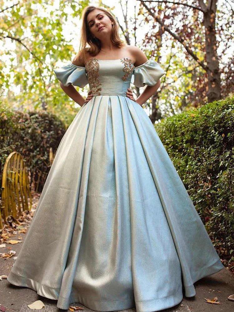 

Blue A-line Off-the-shoulder Long Birthday Prom Dress vestido elegante fiesta Satin Luxury Evening Dress for Women