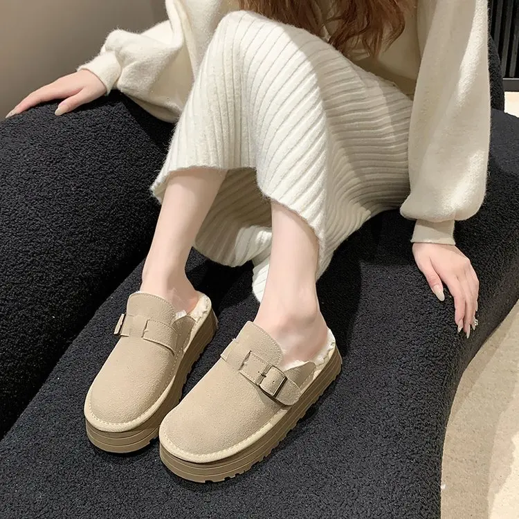 Baotou plush slippers for women wearing new winter comfortable and casual home thickened mid heel thick soled snow boots