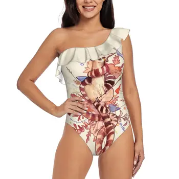 El Príncipe Lemur One Piece Swimsuit Women Ruffle Monokini Shoulder Swimsuit Bathing Suit Swim Wear Lemur Animal Hittouch