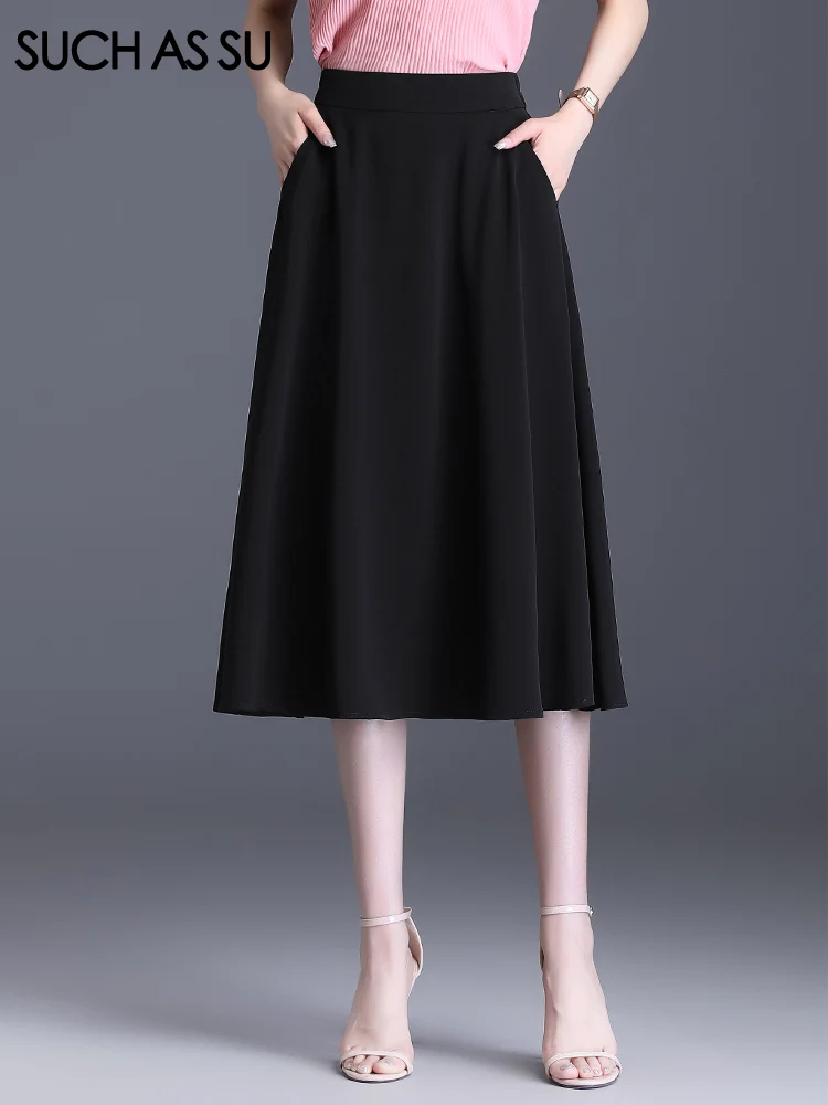 

SUCH AS SU All Season High Quality Womens A-LINE Skirts Black Green Red Female Elastic High Waist S-3XL Mid Long Pockets Skirt