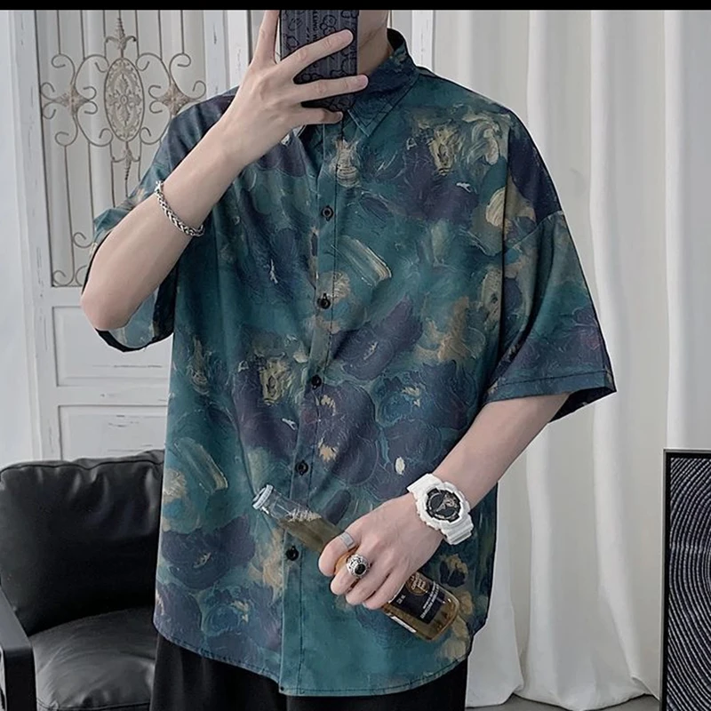 Vintage Printed Lapel Button Loose Casual Shirts Men's Clothing 2024 Summer New Korean Tops Half Sleeve All-match Punk Shirt