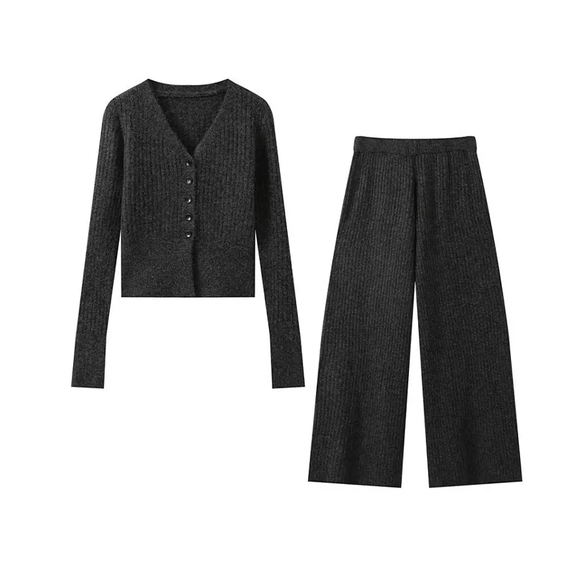 thumbnail image 1 of HH TRAF Conjunto de 2 piezas para mujer, elegante top de punto con escote en V y cintura elástica de un solo pecho, pantalones holgados de cintura alta de 4 colores para mujer, 1 of 5