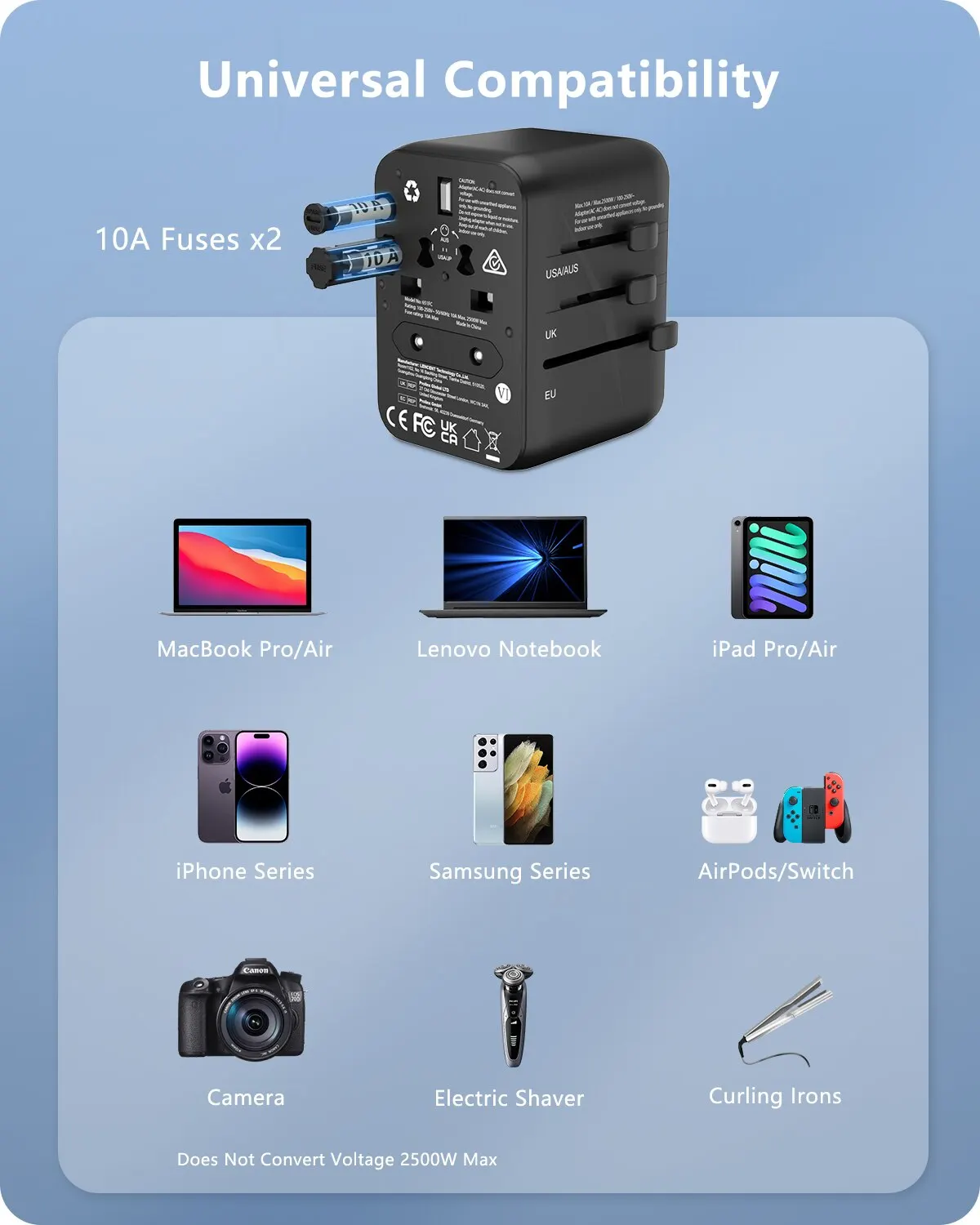 Universal Travel Adapter with Multiple USB and Type-C Charging Ports
