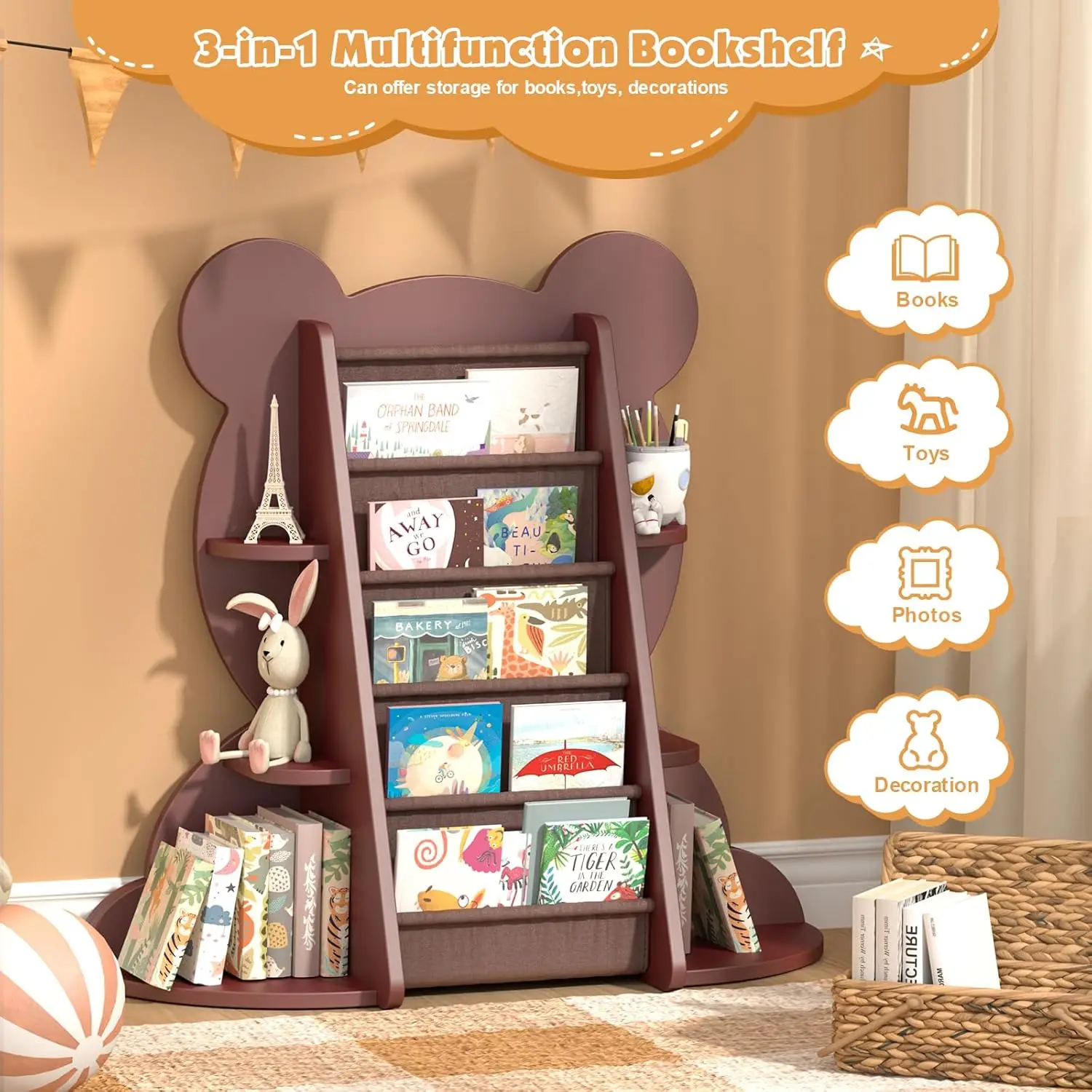 Brown Bear Kids Bookshelf Sling Toddler Bookcase 5-Tier Montessori Baby Book Rack Children Toy Storage Organizer Wood Display 4