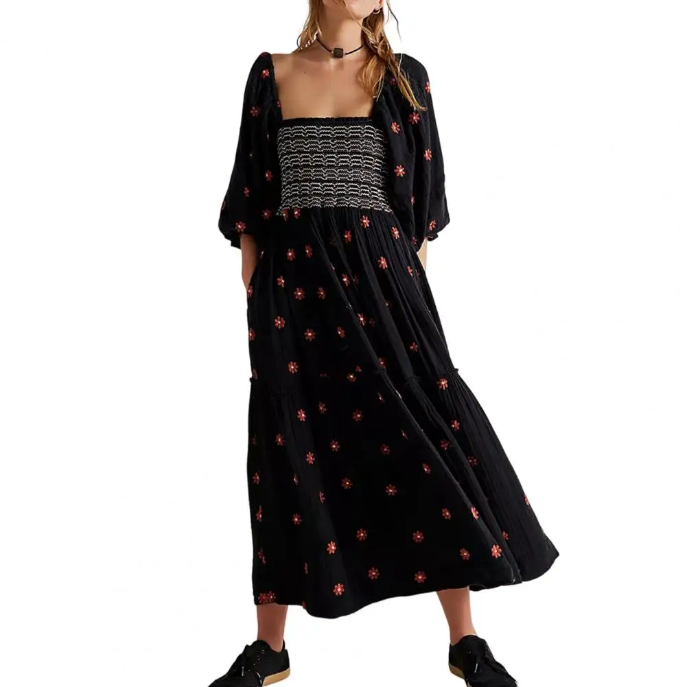 

Evening Dress Women Square Neck Pleated Three Quarter Lantern Sleeve Flower Print Patchwork Loose Hem Lady Midi Dress vestidos