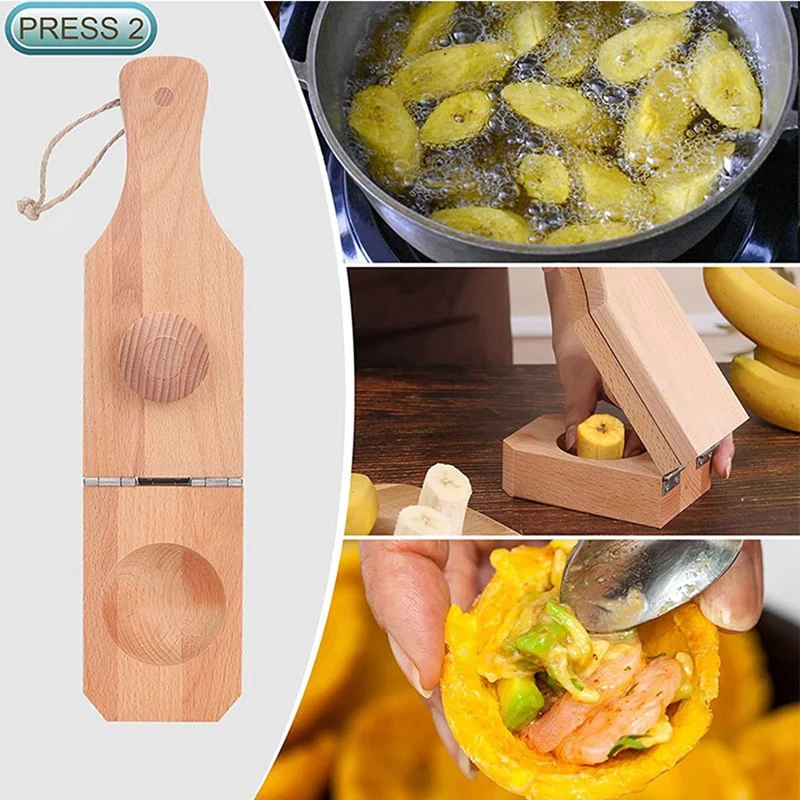 A50I Wooden Tostonera Plantain Press With Handle,2 In 1 Wood Reusable Plantain Press Smasher,Portable Plantain Press 5