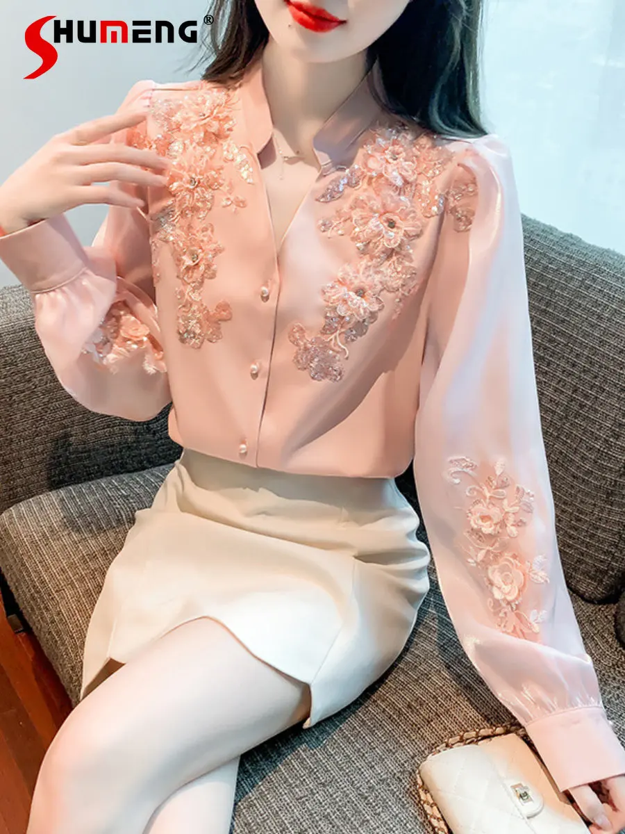 

2023 Spring New Chiffon Shirt Women Elegant Embroidery Flower Beaded V-neck Bubble Long Sleeve Blouse Young Girls Sweet Camisas