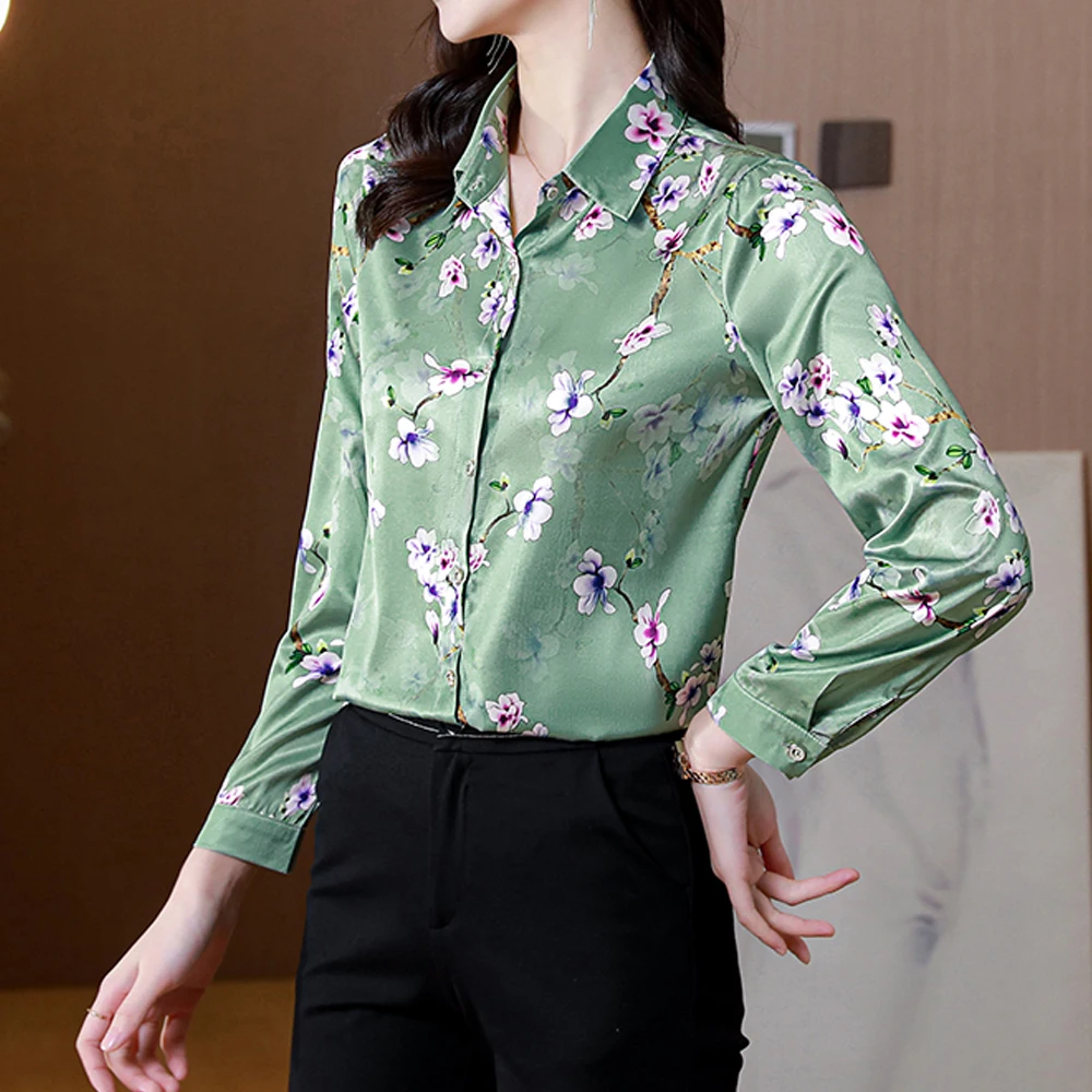 Chic Printed Casual Office Shirts For Women Long Sleeve Silk Satin Fashion Women Blouses 2024 Elegant Female Tops Blusas Mujer