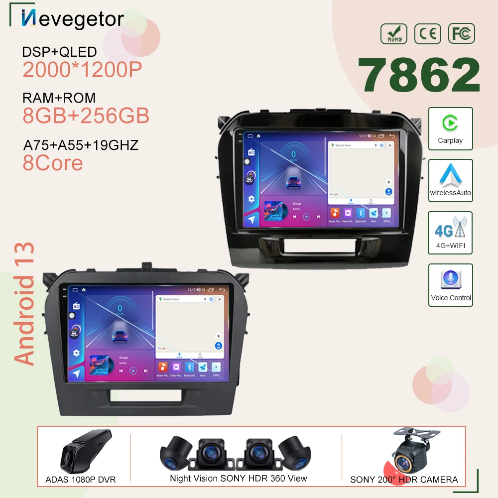 

7862 Android 13 Auto Multimedia Player GPS Navigation No 2din DVD For Suzuki Vitara 2015-2019 Car CPU HDR QLED Screen 5G Wifi