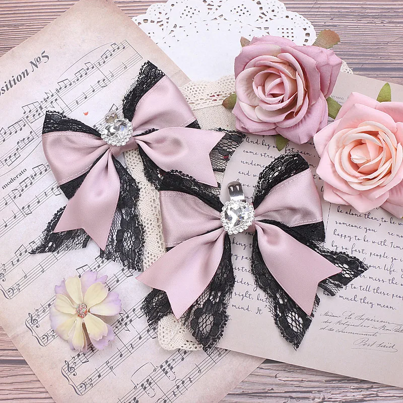 Lolita Handmade Shoes Clip Japanese Style Sweet Heart Shape Rhinestone Big Bow Lace Shoes Clip Women's Shoe Buckle Accessories