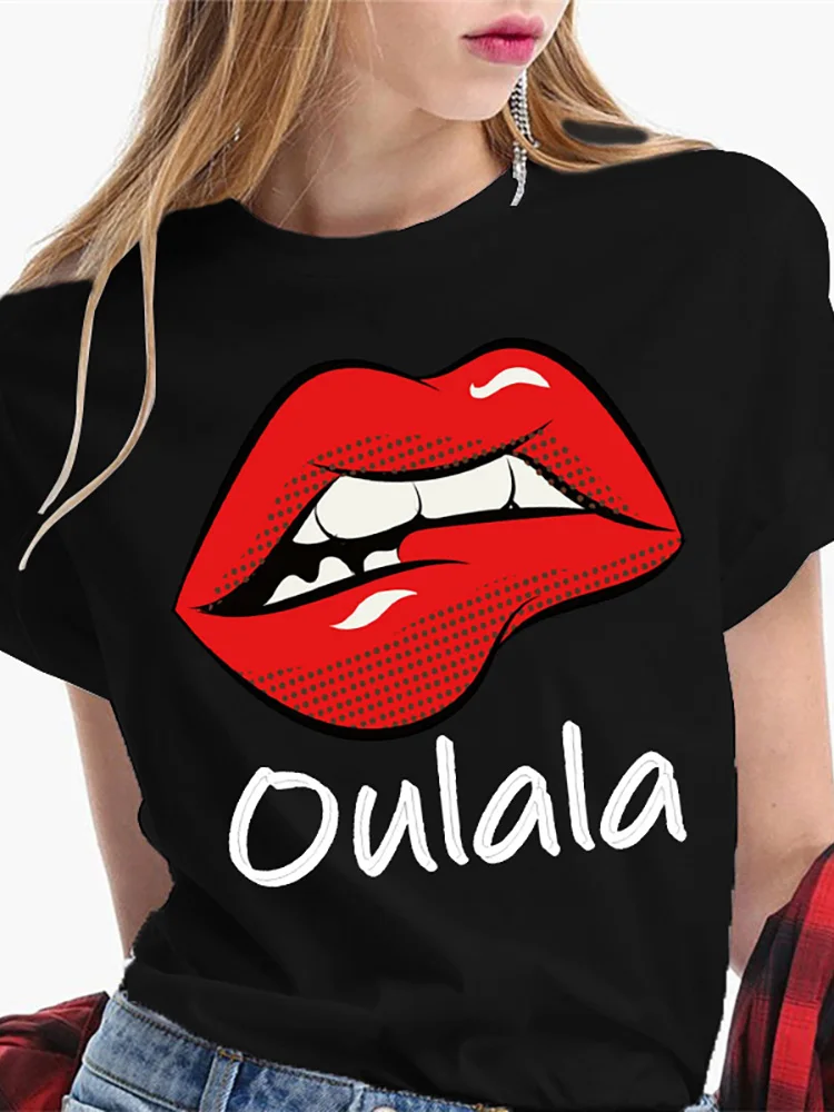 

Oulala Kiss Print Women Tshirt O-neck Sexy Black Tees Lip Funny Summer Female Soft T-shirt Lips Watercolor Graphic T Shirt Top