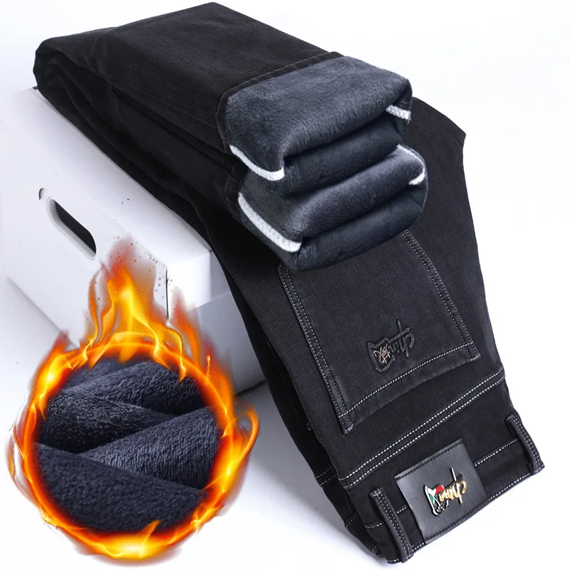 Mens Winter Thicken Fleece Denim Pants Mens Classic Business Casual Loose Straight Stretch Jeans High Quality Warm Jean Trousers 3