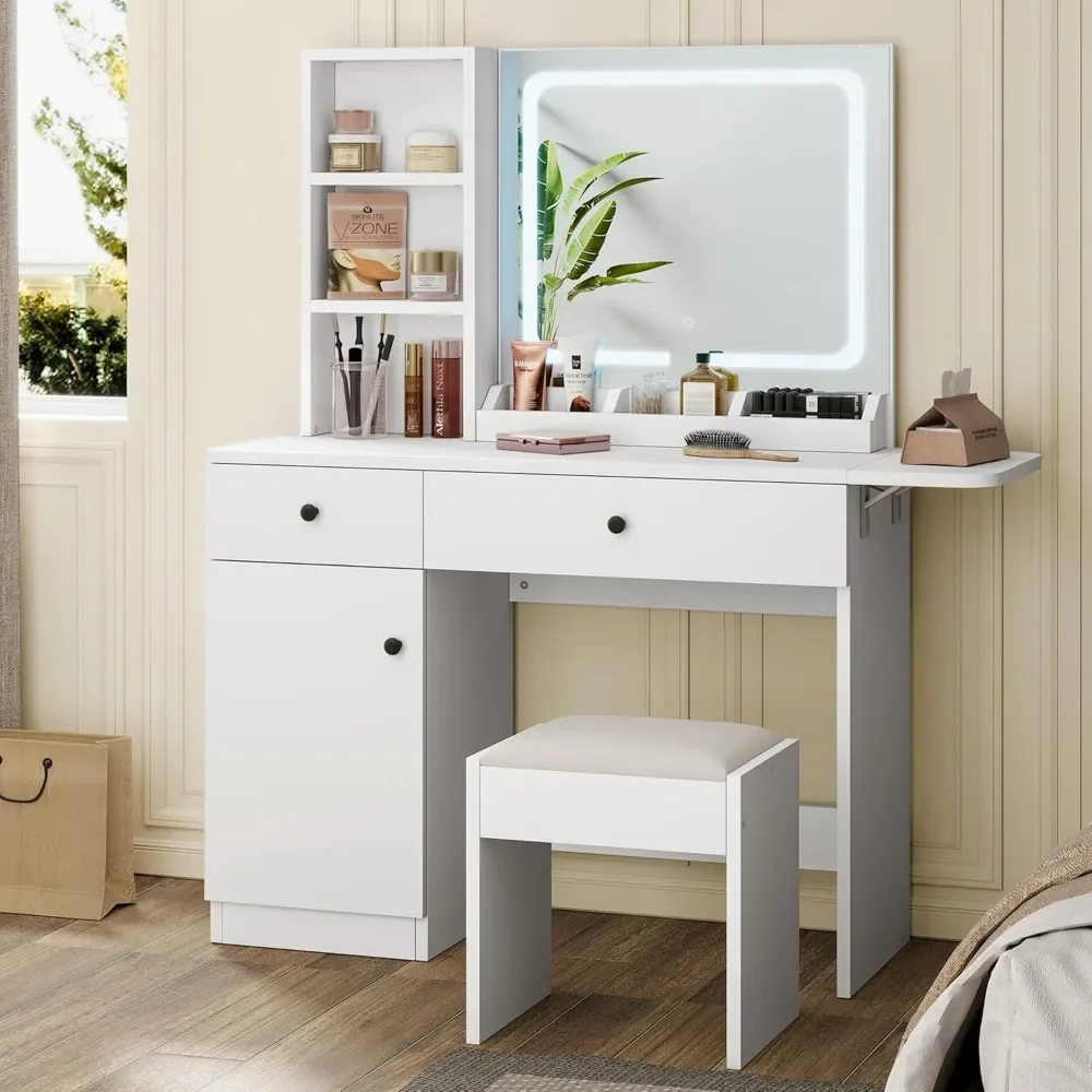 Makeup Vanity Desk with Mirror and Lights, Vanity Desk Set with Outlet & Drawers & Open Shelf Storage Cabinet, Table