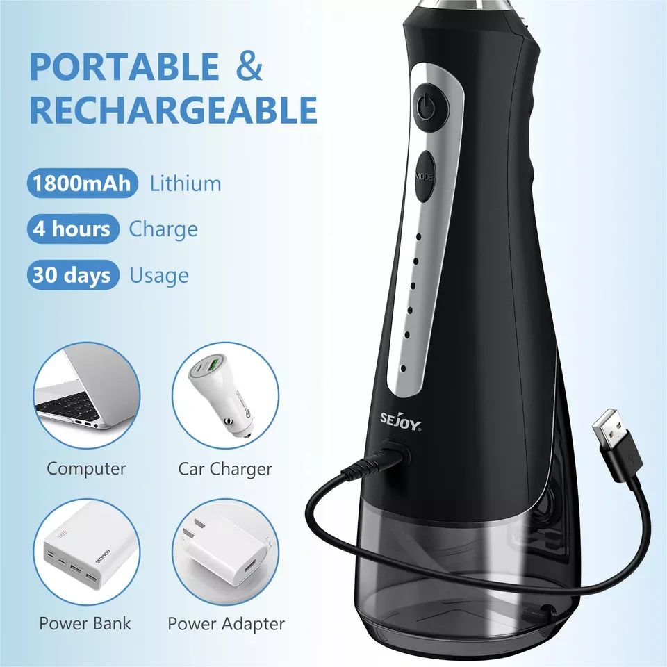 SEJOY Water Flosser Irrigator Dental Teeth Whitening strips Portable 230ML Tank 5 Modes 5 Jet Tips 5