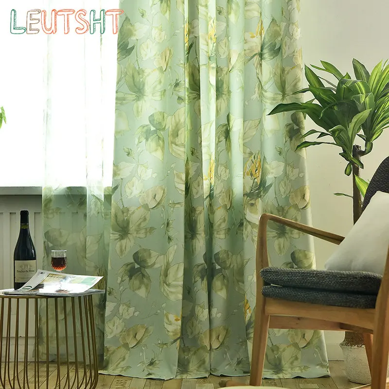 

American Style Curtains for Living Dining Room Bedroom Country Green Leaf Window Sheer Curtain Custom Kitchen Curtains Tulle